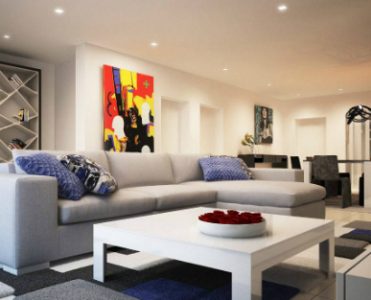 A Luxurious Modern Apartment with Vibrant Colors and Modern Lamps